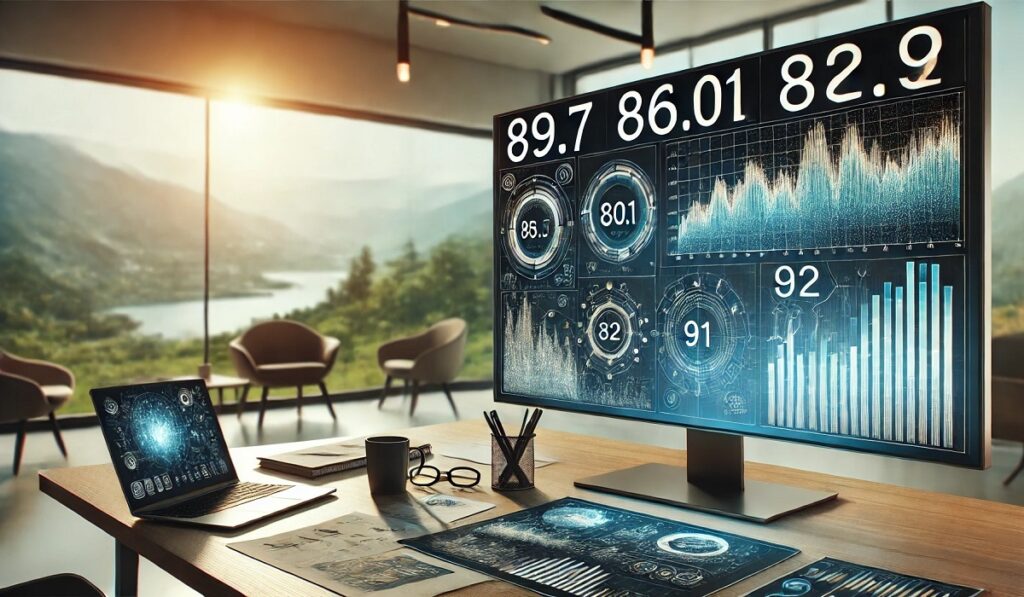 A creative representation of numerical data, including the values 89.7, 86.01, 82, and 91, in a professional landscape design.