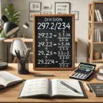 A chalkboard displaying the division calculation "297.2/234" with step-by-step simplification and a calculator nearby.