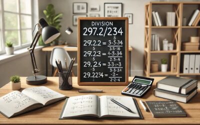 A chalkboard displaying the division calculation "297.2/234" with step-by-step simplification and a calculator nearby.