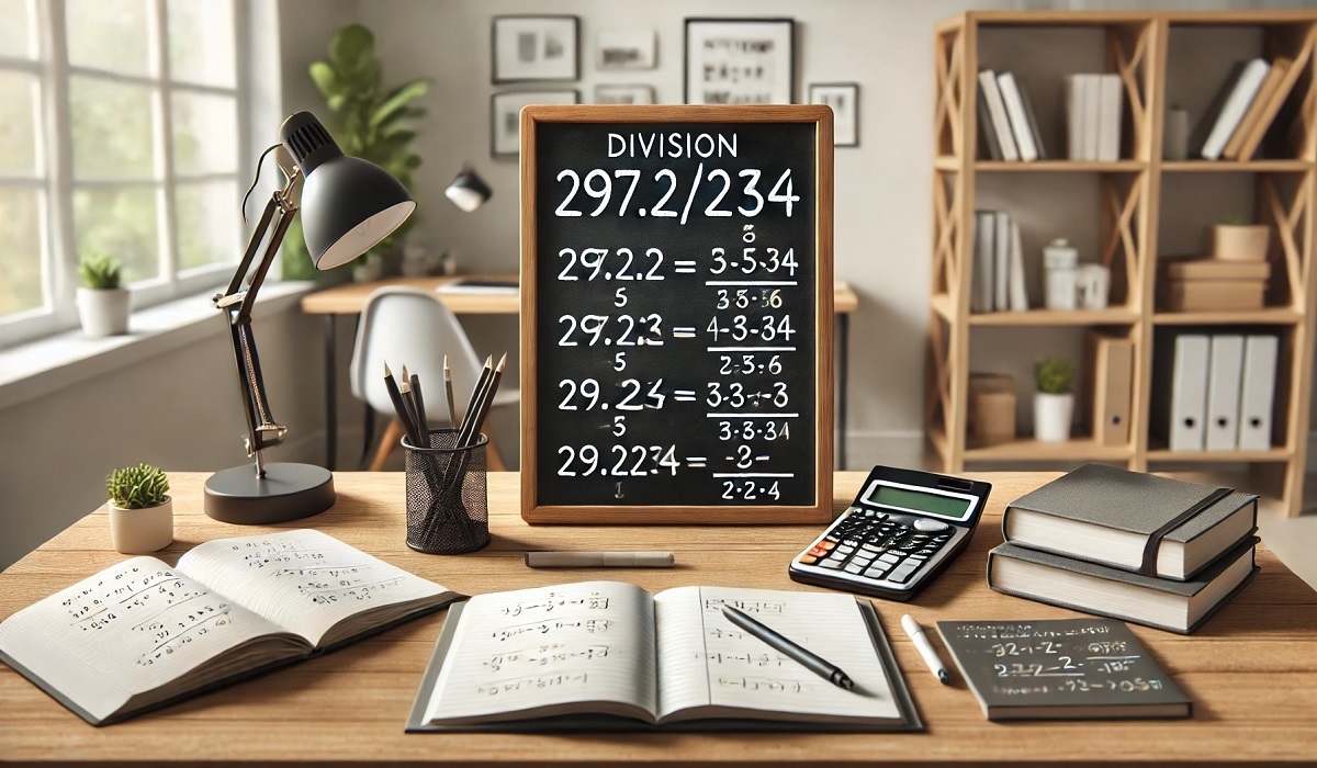 A chalkboard displaying the division calculation "297.2/234" with step-by-step simplification and a calculator nearby.