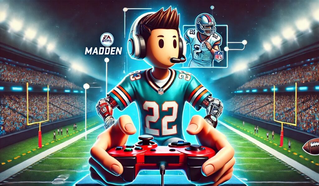 Hoavoc Madden Bitmoji character interacting in a virtual football gaming environment.