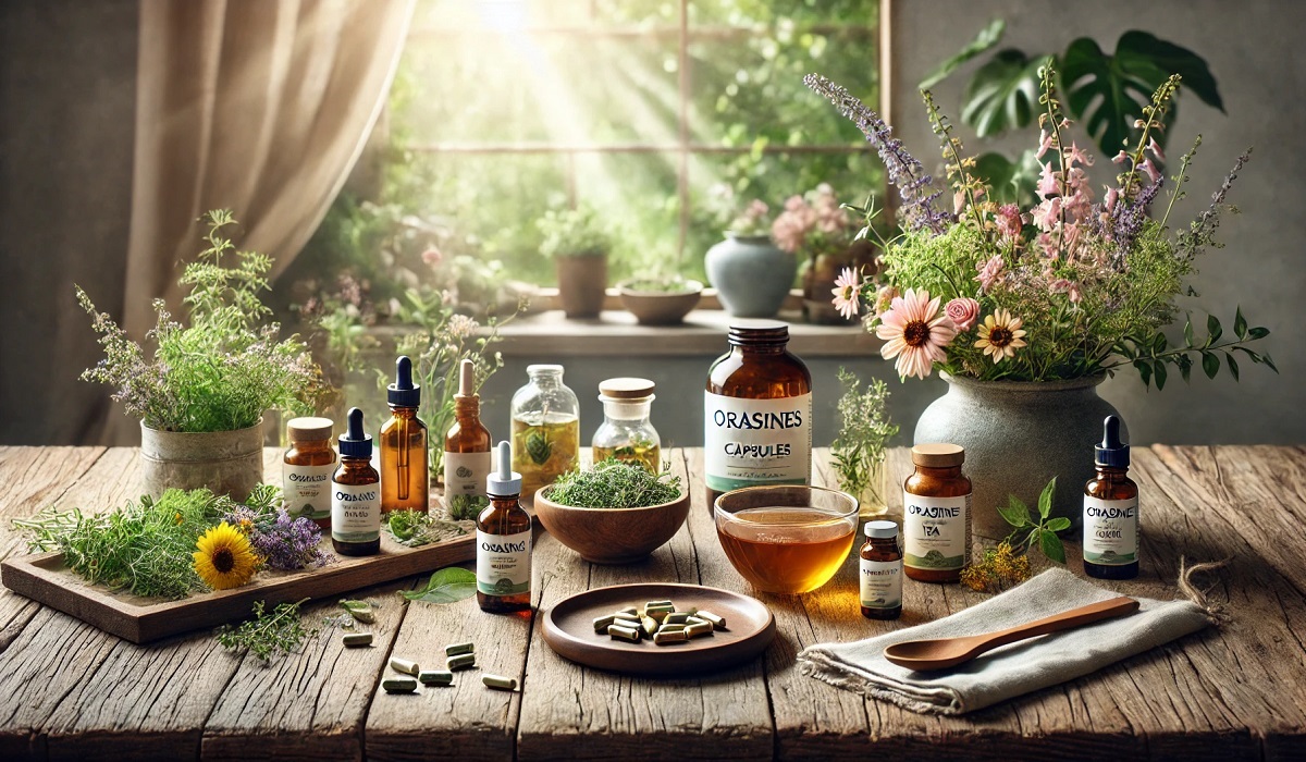 Orasines natural remedy showcasing herbs and supplements in a serene setting emphasizing wellness and balance.